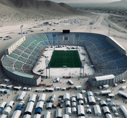 Autoridades transforman estadio en refugio temporal en Ciudad Juárez para atender a miles de migrantes ante incremento de deportaciones y saturación de albergues.