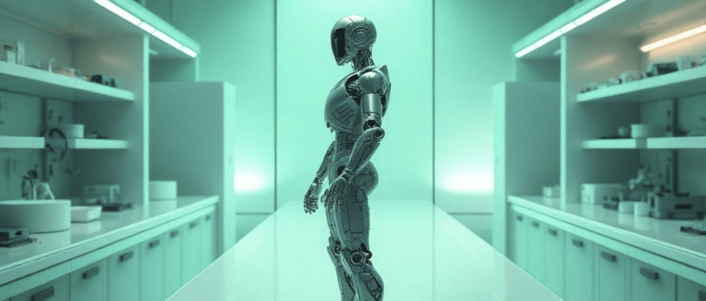 Una imagen en verde, turquesa, blanco y gris de un robot y microesquemas