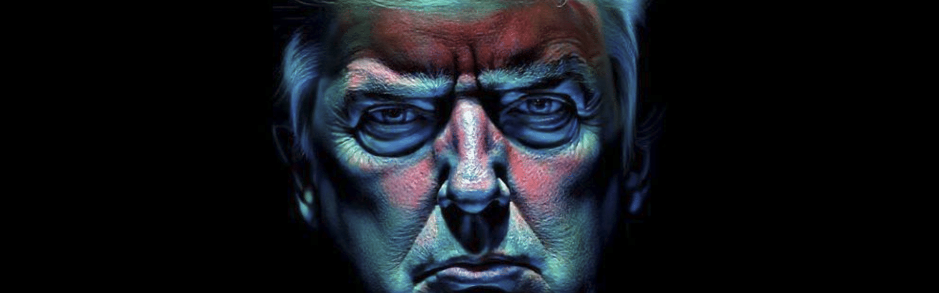 El retrato de Donald Trump generado por IA: vista frontal del rostro resaltado con colores neón sobre el fondo negro.