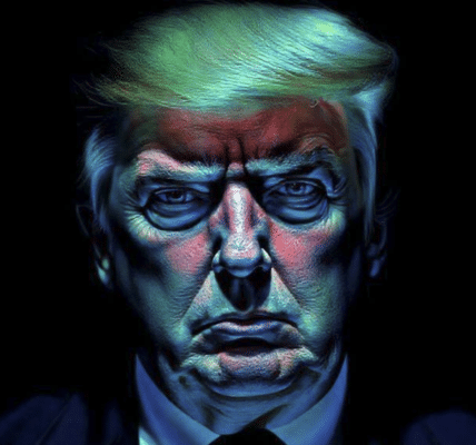 El retrato de Donald Trump generado por IA: vista frontal del rostro resaltado con colores neón sobre el fondo negro.