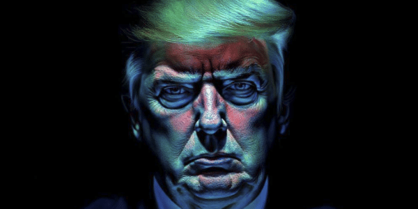 El retrato de Donald Trump generado por IA: vista frontal del rostro resaltado con colores neón sobre el fondo negro.