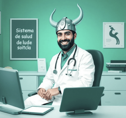 Una imagen en verde, turquesa, blanco y gris de un médico de apariencia hispana sentado en un escritorio en su oficina, sonriendo y vistiendo un casco vikingo, un estetoscopio y una bata médica blanca y carteles en las paredes detrás.